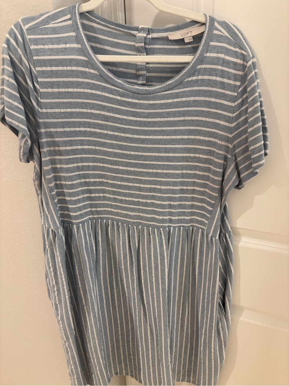 LOFT Light Blue and White Striped Short Sleeve Tunic